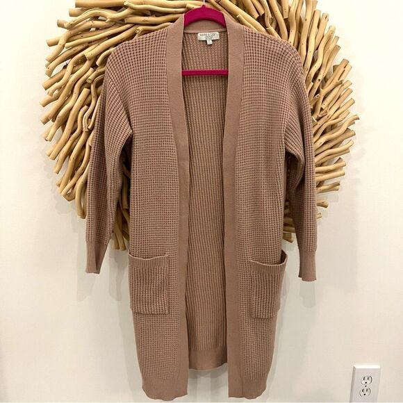 Warm & Cozy Tan Waffle Duster Cardigan in Tan With Front Pockets, Size Medium - Picture 1 of 7